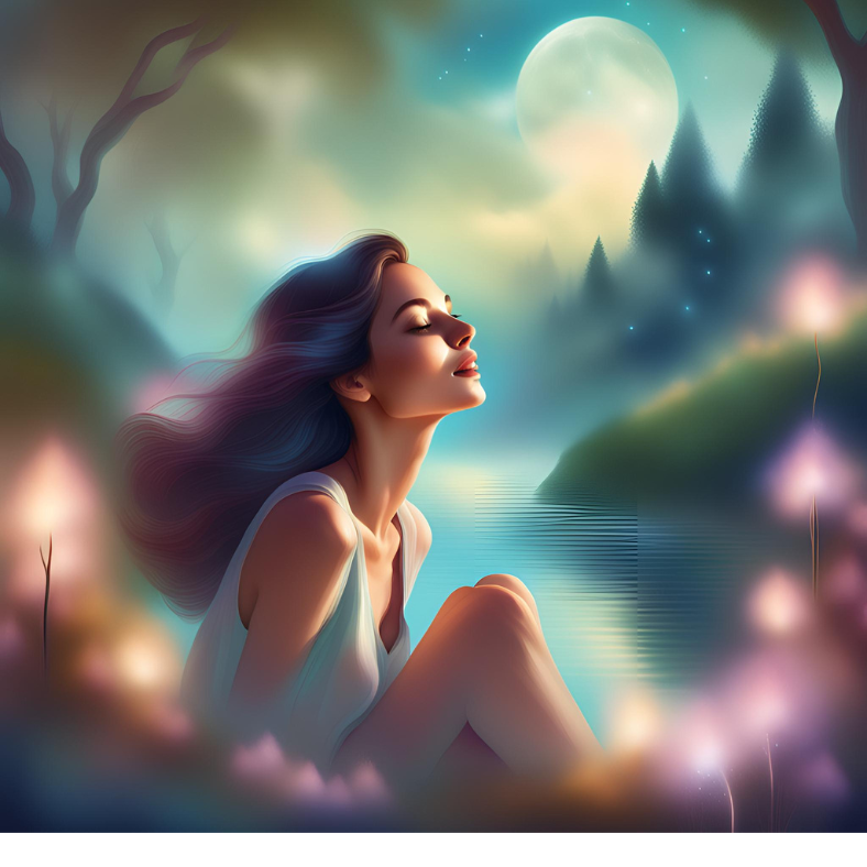 Vrouw die met gesloten ogen geniet van een natuurlijke omgeving met water, dennenbomen en de maan